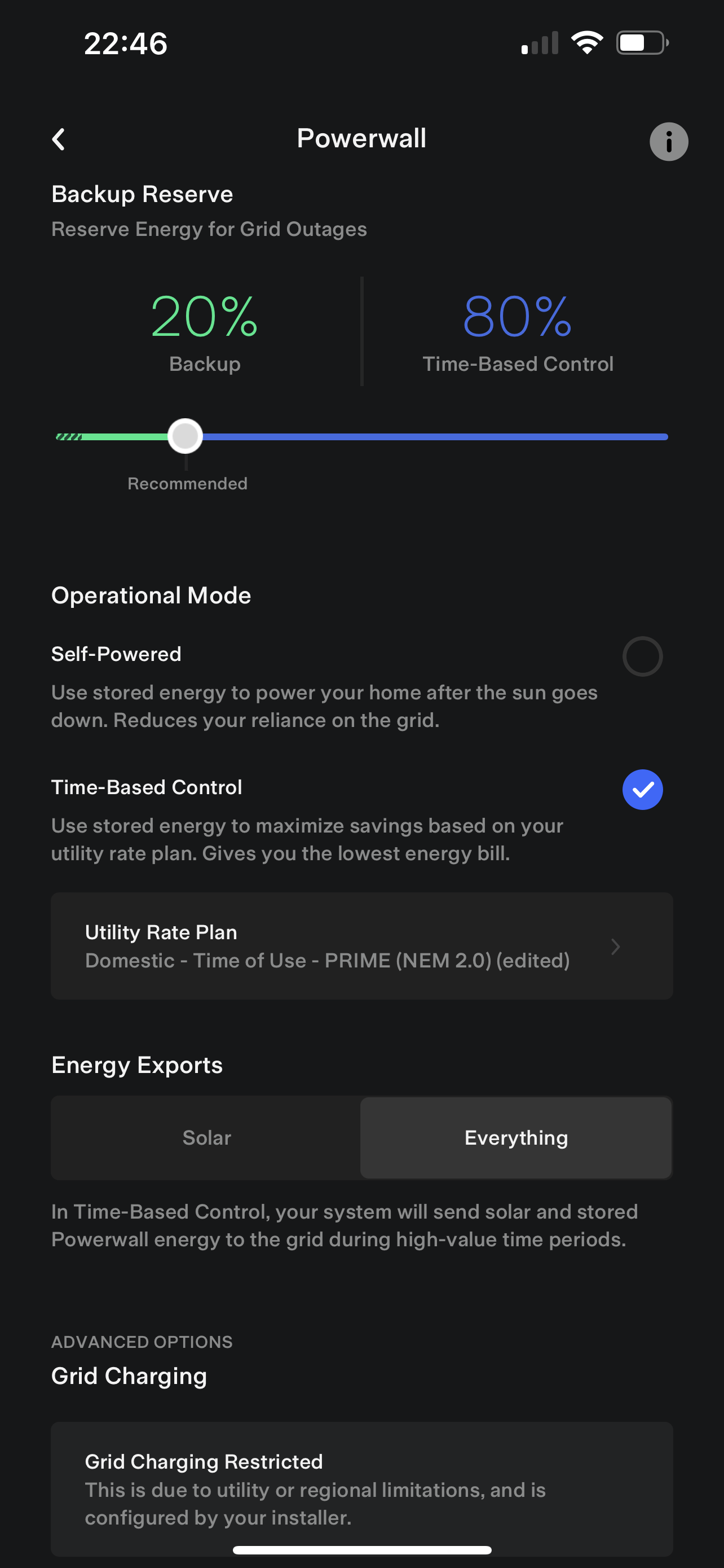 Tesla Powerwall Settings